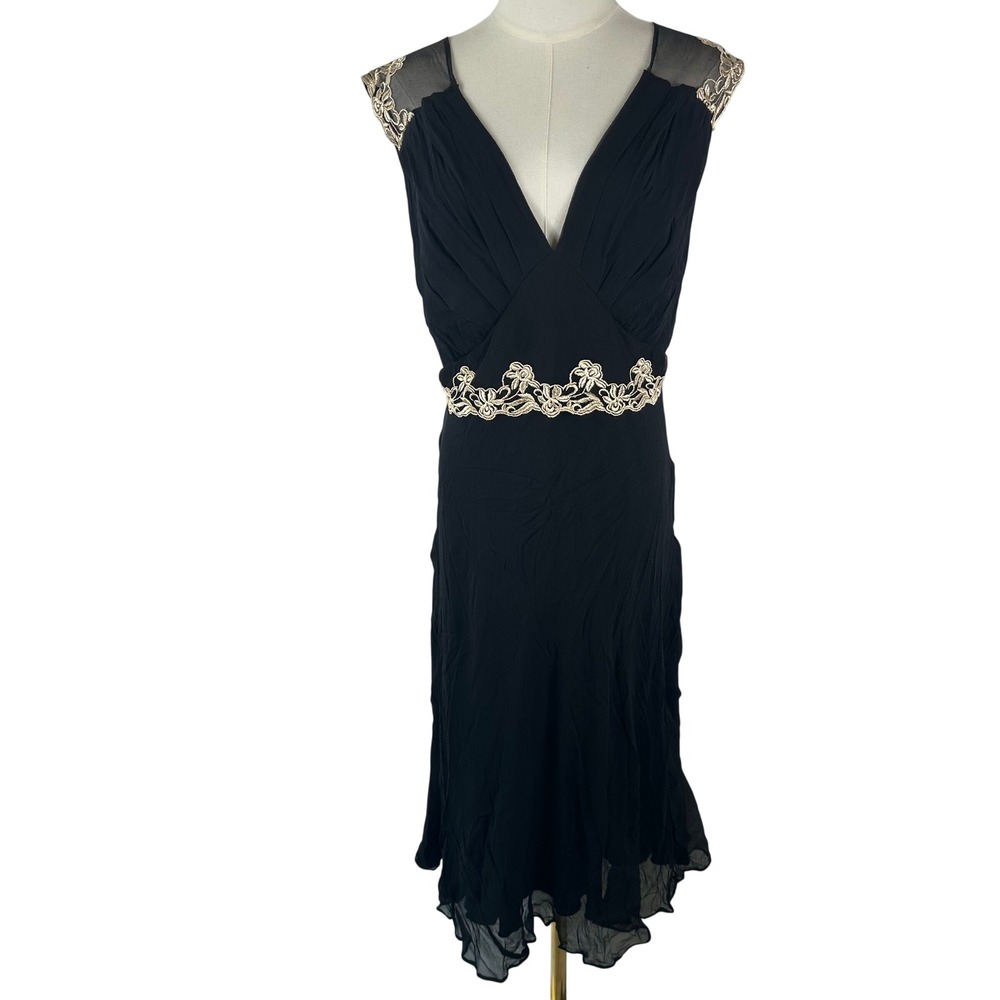 Vtg Jonathan Martin Silk Dress Womens 18W Black Embroidered Mesh Midi Goth Glam